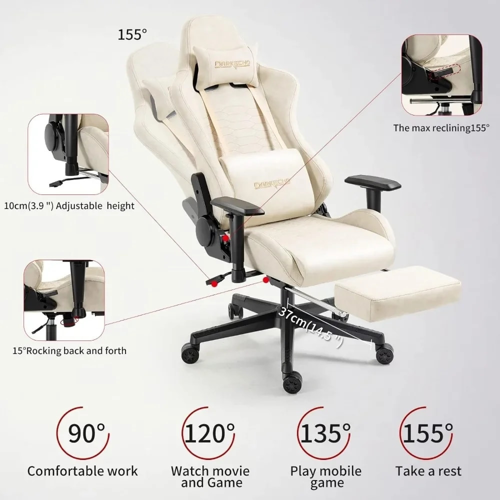 Chair features infographic showing adjustable height, recline, and different angles